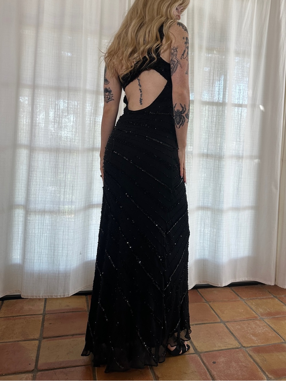 Vintage Y2K black silk beaded open back gown